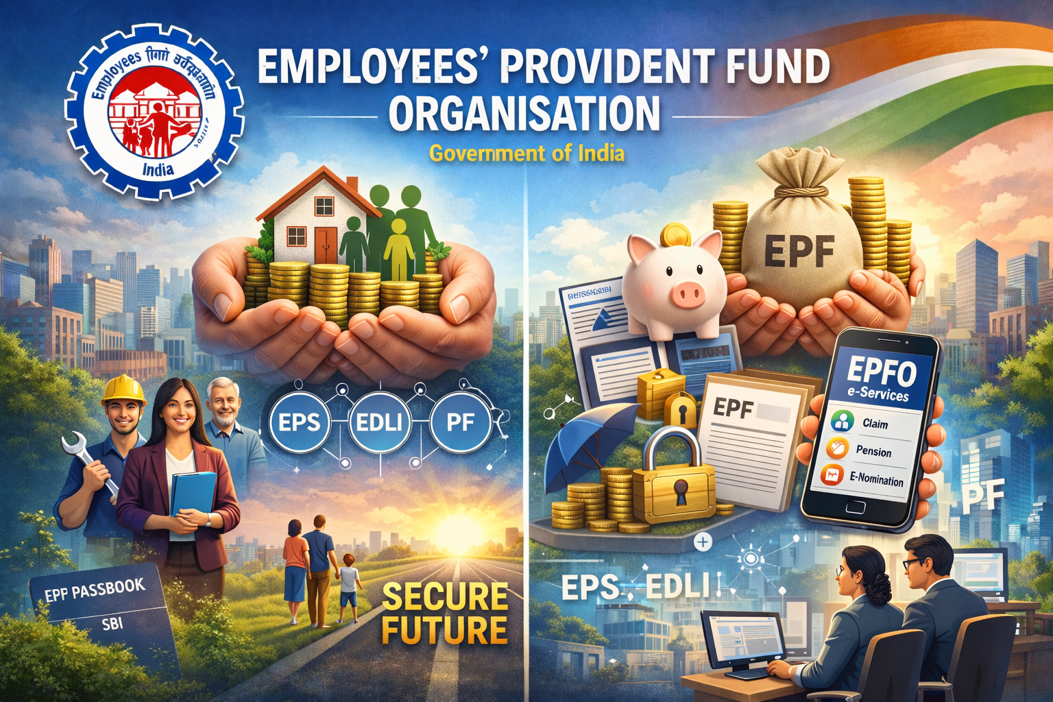 Employees Provident Fund Organisation EPFO India image showing PF pension EPS EDLI and EPFO e-services for employees