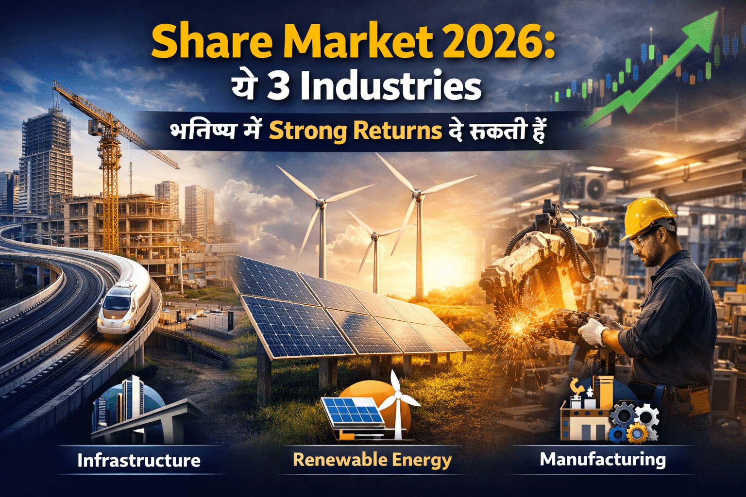 Share Market 2026: Top 3 Industries – Infrastructure, Renewable Energy, Manufacturing. Image shows roads, construction cranes, solar panels, wind turbines, and factory machinery representing future investment opportunities in India."