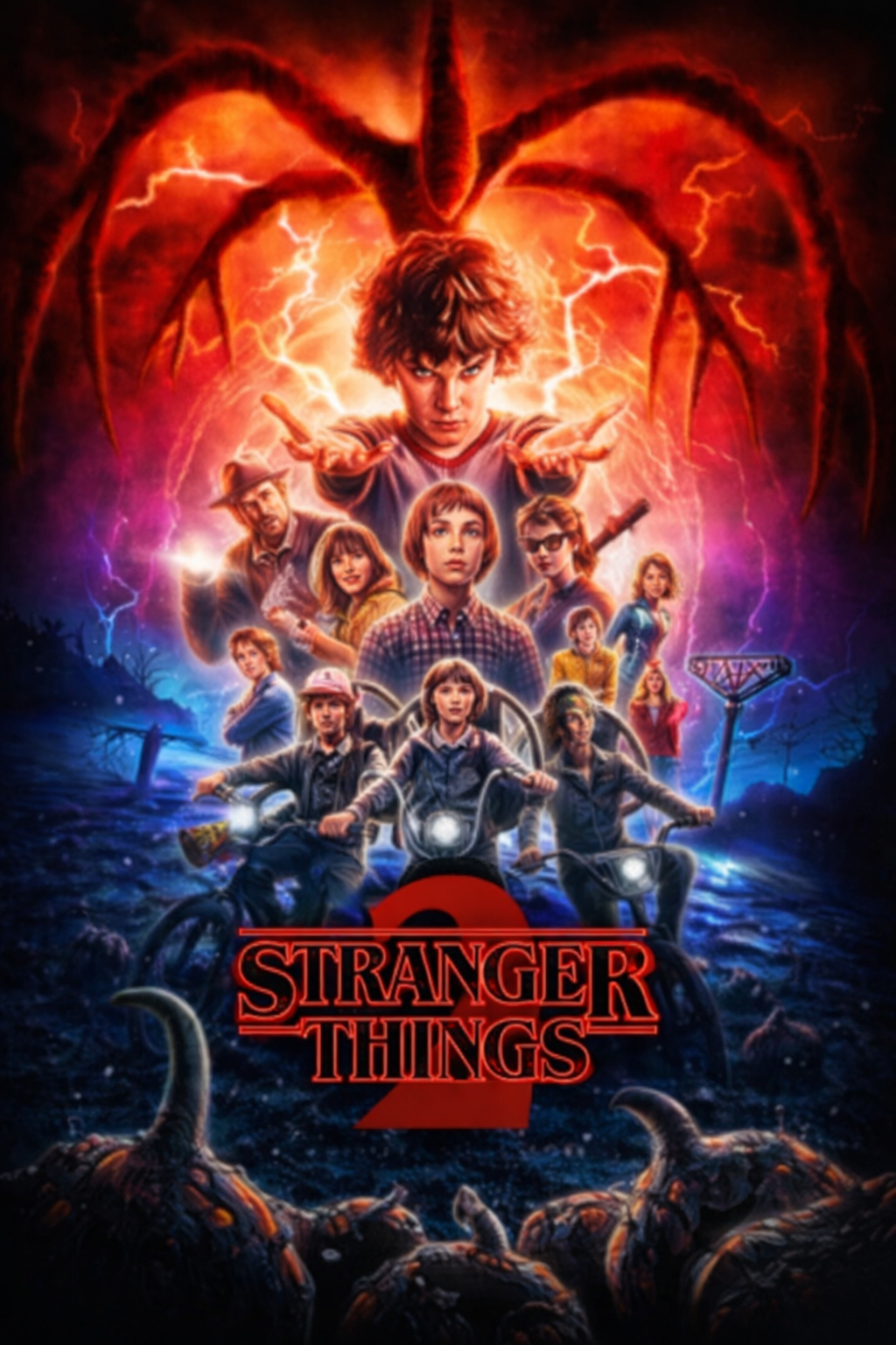 Stranger Things Season 2 का पोस्टर, जिसमें मुख्य पात्र बाइक चला रहे हैं