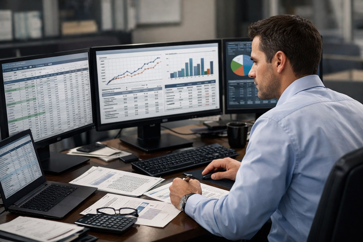 एक professional investment performance analyst दो monitors पर mutual fund returns, benchmark comparisons और performance metrics का analysis कर रहा है। Desk पर charts, spreadsheets और financial reports रखी हैं। Background में subtle financial institute environment दिखाई दे रहा है