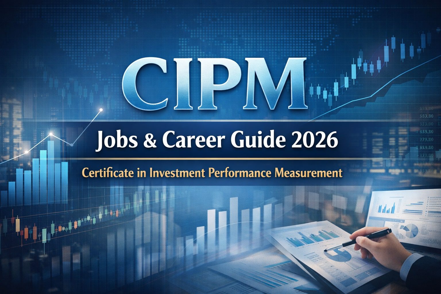 CIPM Jobs & Career Guide 2026 का featured image जिसमें Certificate in Investment Performance Measurement और financial charts, graphs दिखाए गए हैं। एक professional हाथ में pen लेकर performance reports और data analysis कर रहा है