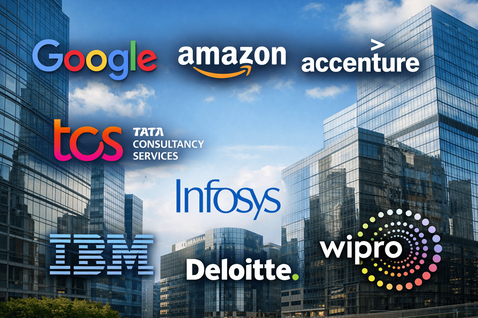 Google, Amazon, Accenture, TCS, Infosys, IBM, Wipro और Deloitte जैसी टॉप MNC कंपनियों के लोगो एक आधुनिक कॉर्पोरेट ऑफिस बैकग्राउंड के साथ