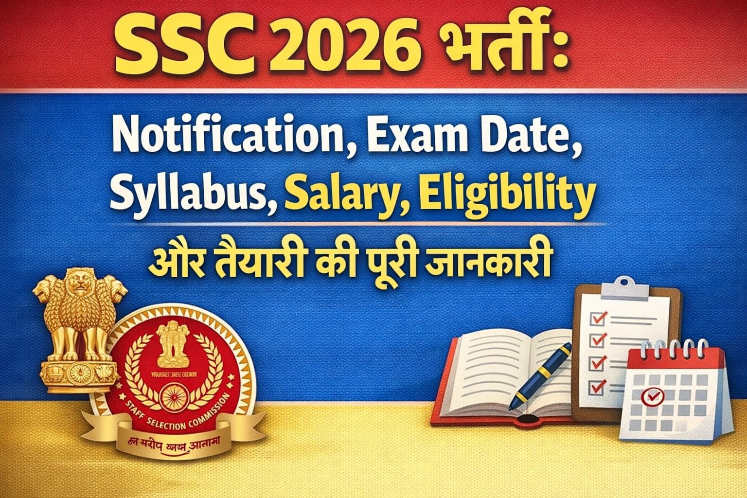Infographic for SSC 2026 recruitment showing key details like Notification, Exam Date, Syllabus, Salary, Eligibility, and Preparation in Hindi. Includes icons for checklist, calendar, books, and SSC emblem, with bright and organized educational design