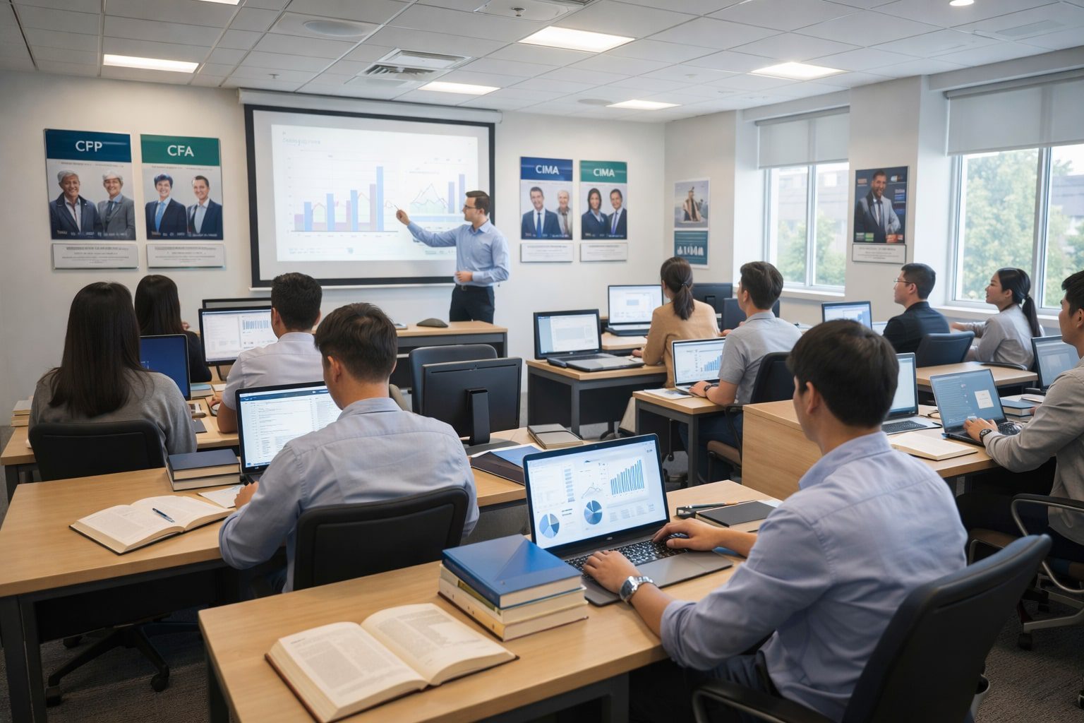 A professional classroom setting where students are attending a finance certification training