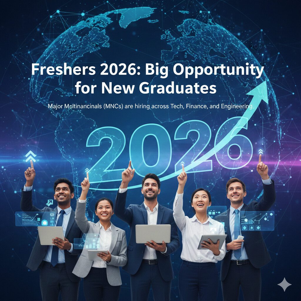 mnc hiring freshers 2026 Digital illustration for MNC hiring freshers 2026 showing a group of graduates with laptops under a global network and a rising growth arrow