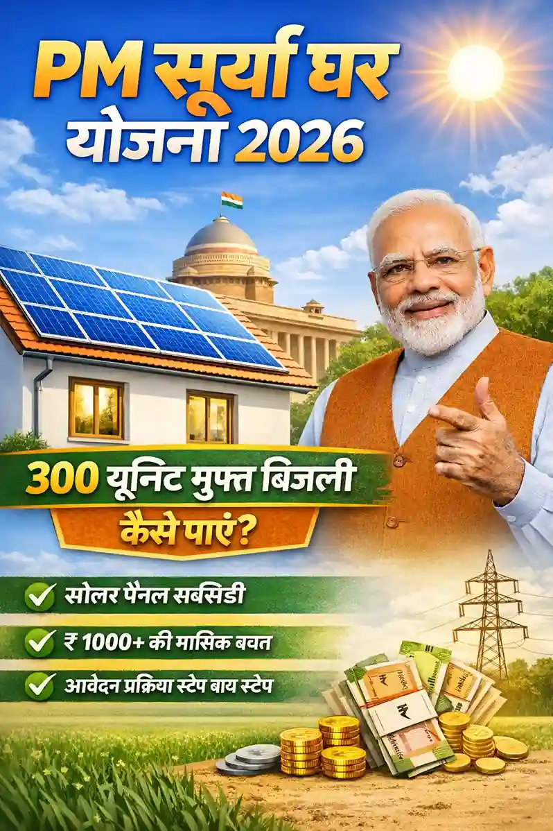 PM Surya Ghar Muft Bijli Yojana 2026 में 300 यूनिट फ्री बिजली और सोलर पैनल सब्सिडी की जानकारी