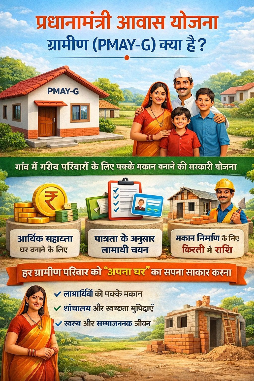 प्रधानमंत्री आवास योजना ग्रामीण (PMAY-G) क्या है – ग्रामीण परिवार के लिए पक्का घर बनाने की सरकारी योजना का 3D चित्र