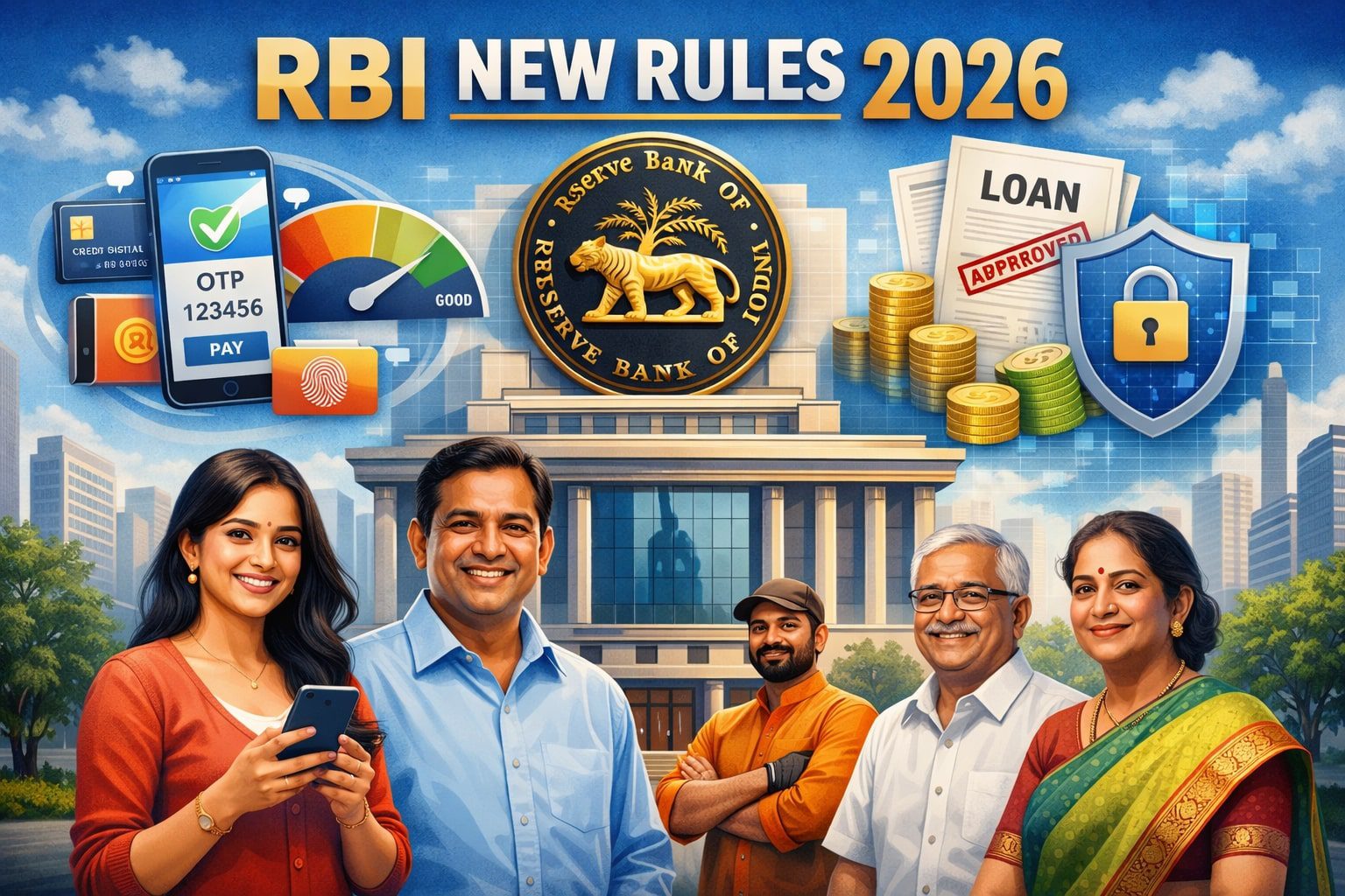 RBI New Rules 2026 – डिजिटल पेमेंट सुरक्षा, लोन नियम, क्रेडिट स्कोर और आम लोगों पर प्रभाव दर्शाता फीचर्ड इमेज