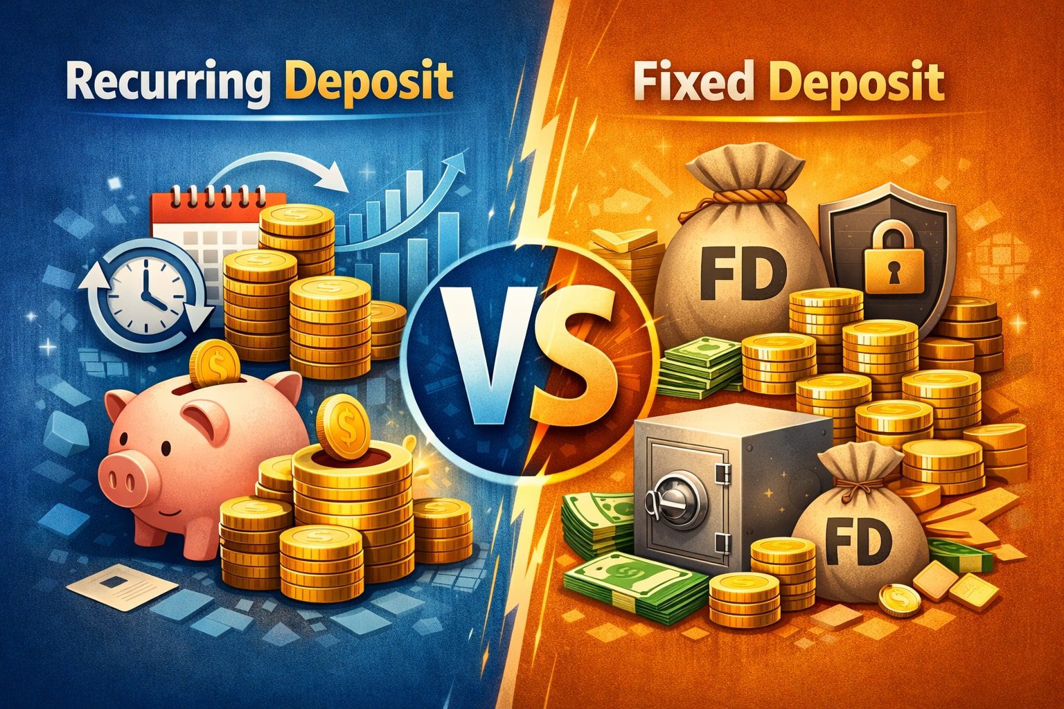 Recurring Deposit vs Fixed Deposit comparison image showing monthly savings growth for RD and lump sum investment security for FD in India 2026