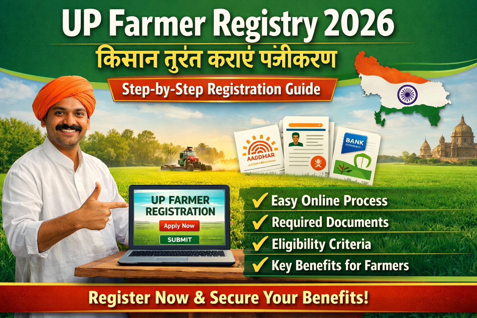 UP Farmer Registry 2026 step-by-step registration guide showing farmer registering online for government schemes