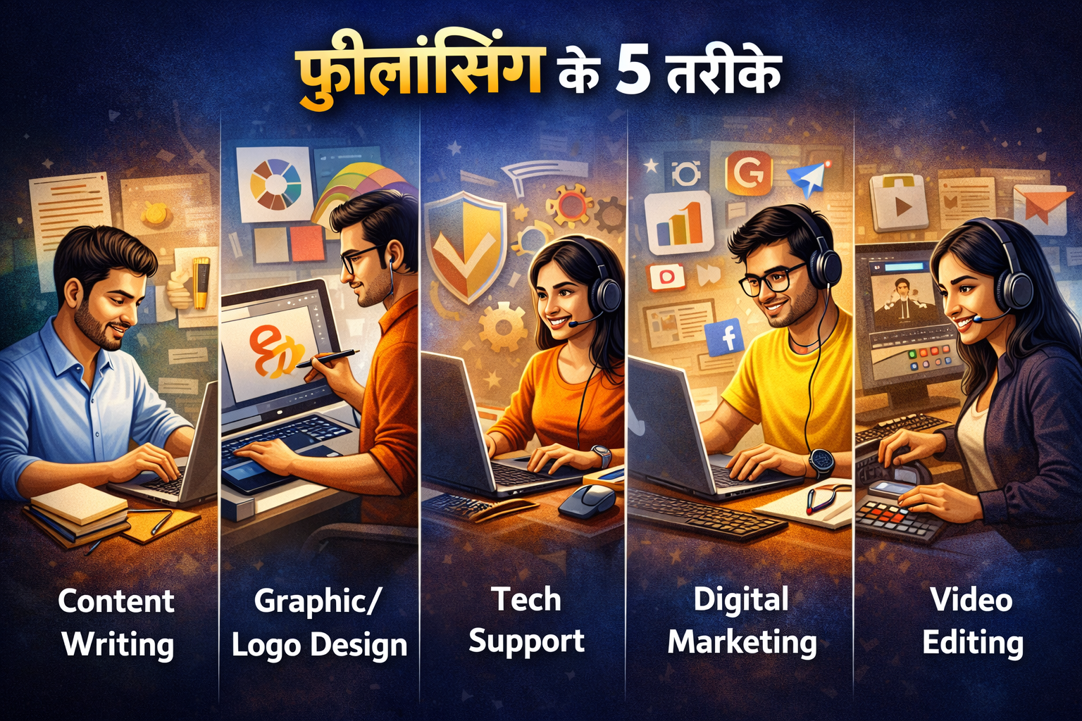फ़्रीलांसिंग के 5 तरीके: Content Writing, Graphic/Logo Design, Tech Support, Digital Marketing और Video Editing। घर बैठे laptop पर काम करते हुए युवा professionals को दिखाया गया है, चारों ओर money icons और skill-based online earning